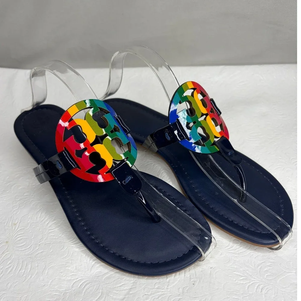 Tory Burch Miller Sandals Navy Blue Rainbow Logo Patent‎ Leather Thong Flat 7M